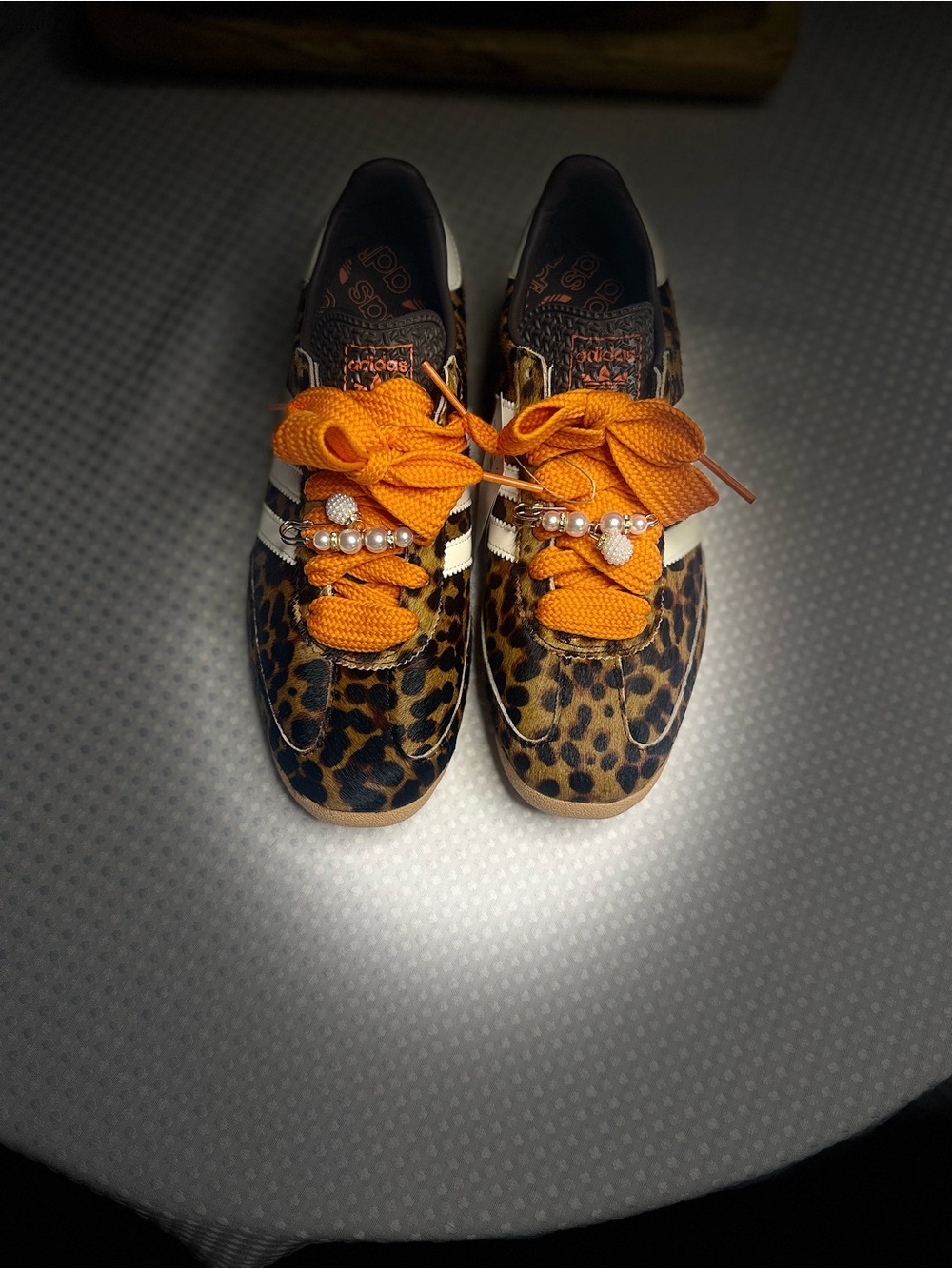 adidas Leopard Print Sneakers with Orange Laces and Pearl Charms - Picture 2 of 9